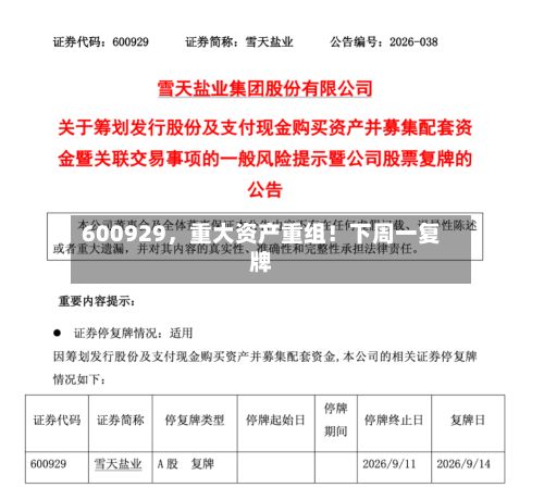 600929，重大资产重组！下周一复牌