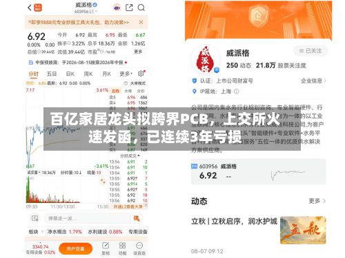 百亿家居龙头拟跨界PCB，上交所火速发函	，已连续3年亏损-第3张图片