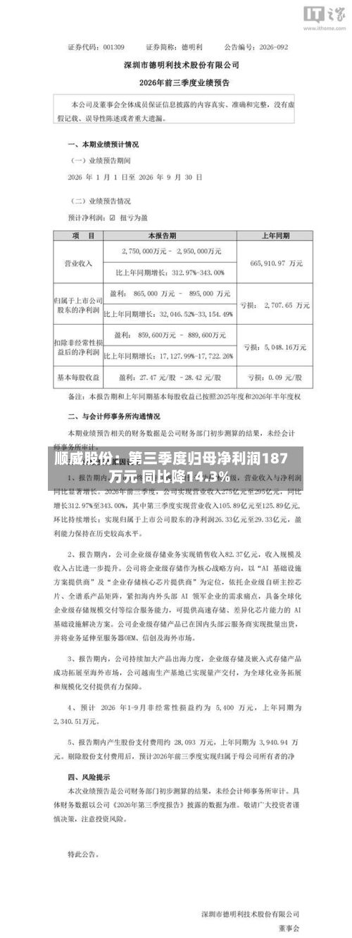 顺威股份:第三季度归母净利润187万元 同比降14.3%-第1张图片