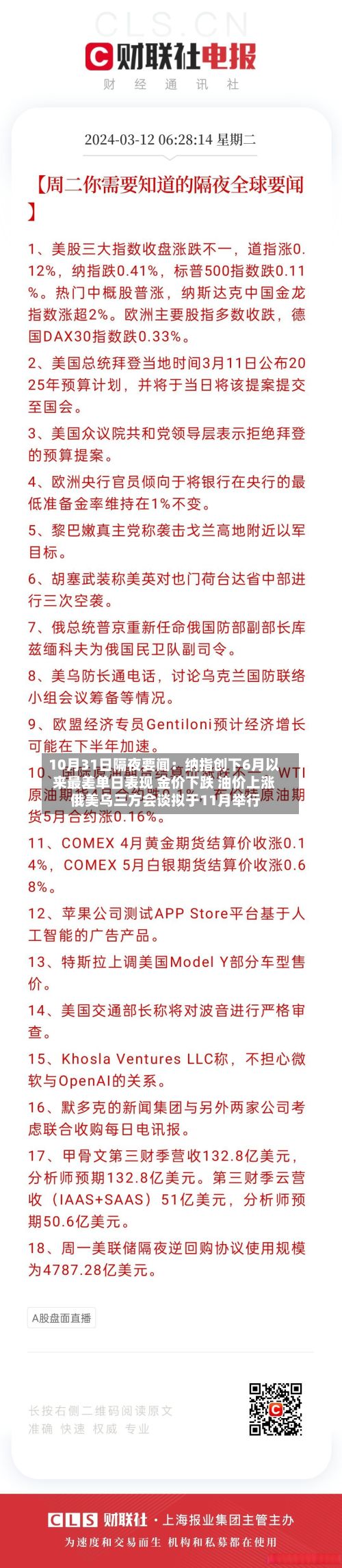 10月31日隔夜要闻:纳指创下6月以来最差单日表现 金价下跌 油价上涨 俄美乌三方会谈拟于11月举行-第1张图片