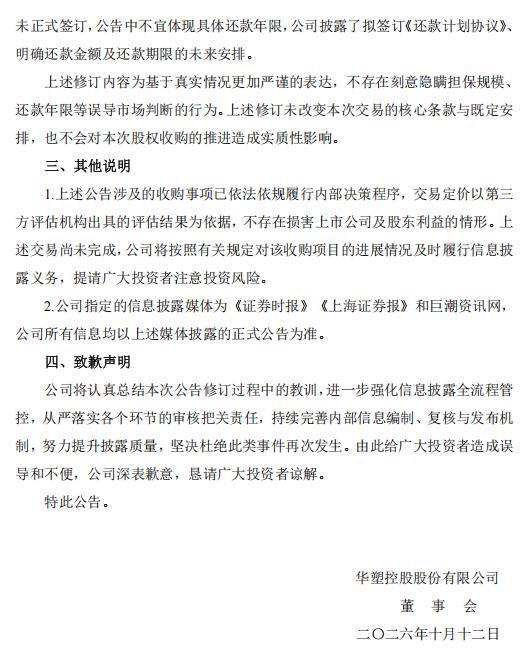 华塑控股致歉：工作人员上传失误出现修订痕迹，不存在刻意隐瞒或误导市场行为