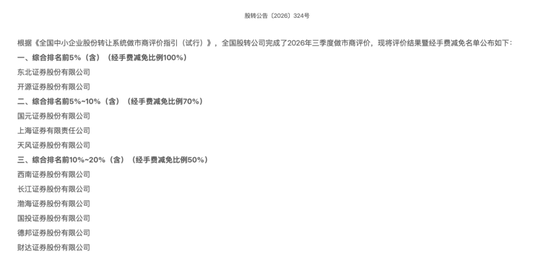 三季度做市商评价出炉， 11家券商获“减免	”资格！